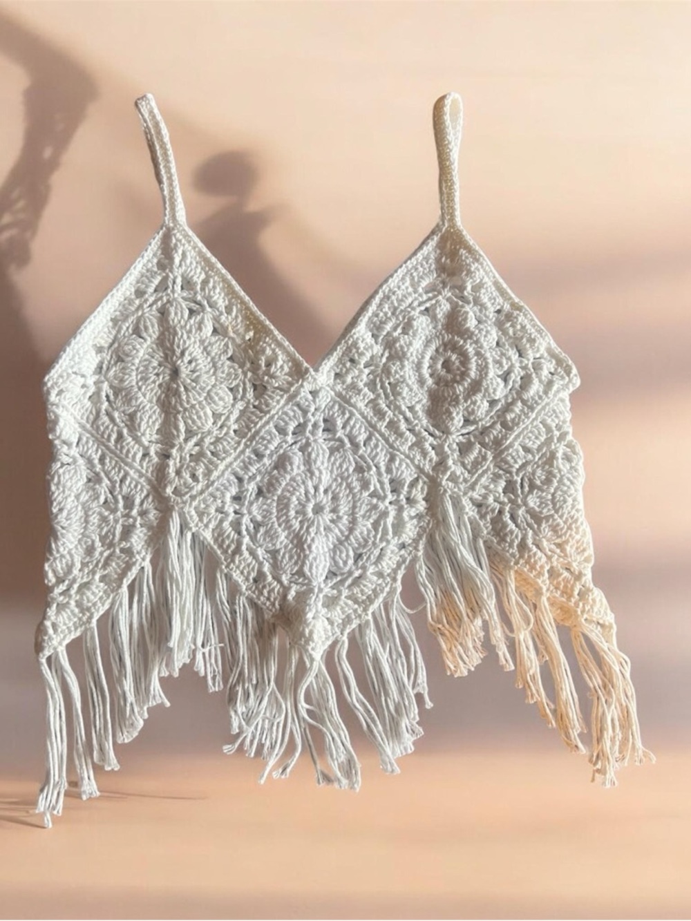 Cotton yearn Boho Crochet Fringe Cami Top in White. Size us 8-10